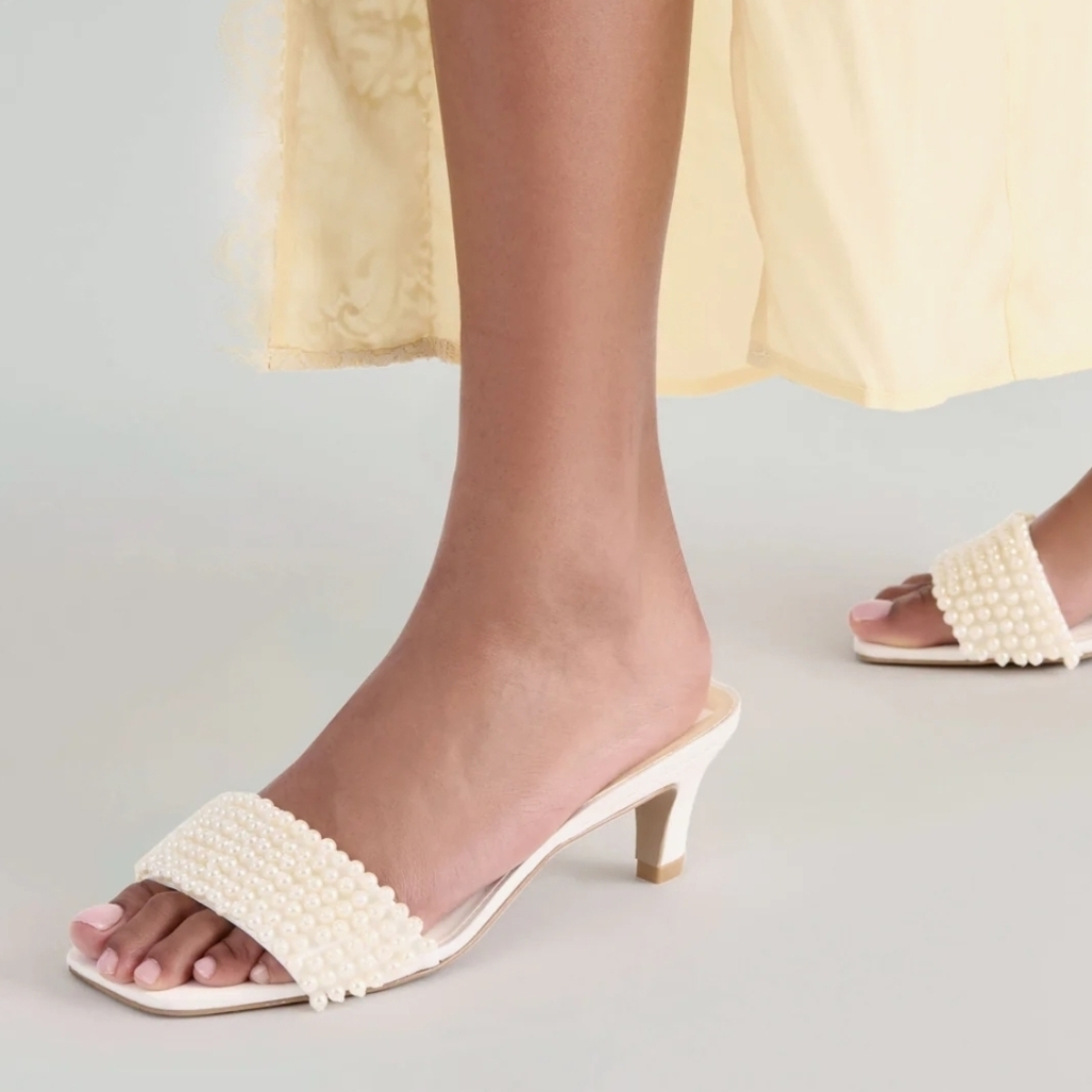 Dolce Vita Pearl-Embellished Off White Satin Mule Rexa Mules Size 6 & 8